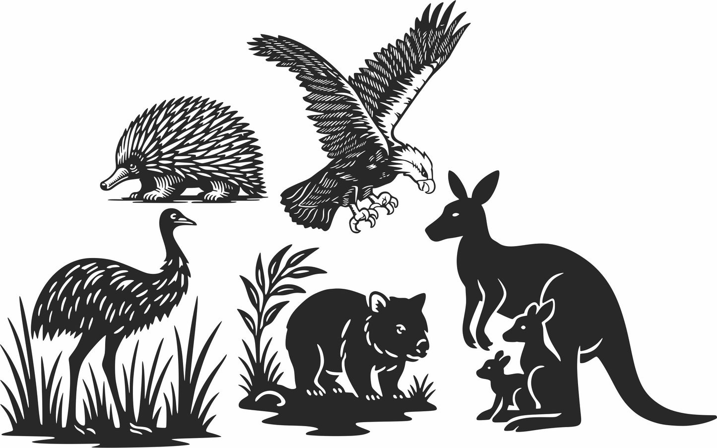 Australian Wildlife Silhouette Bundle – Kangaroo Eagle Emu Echidna SVG DXF CDR Files