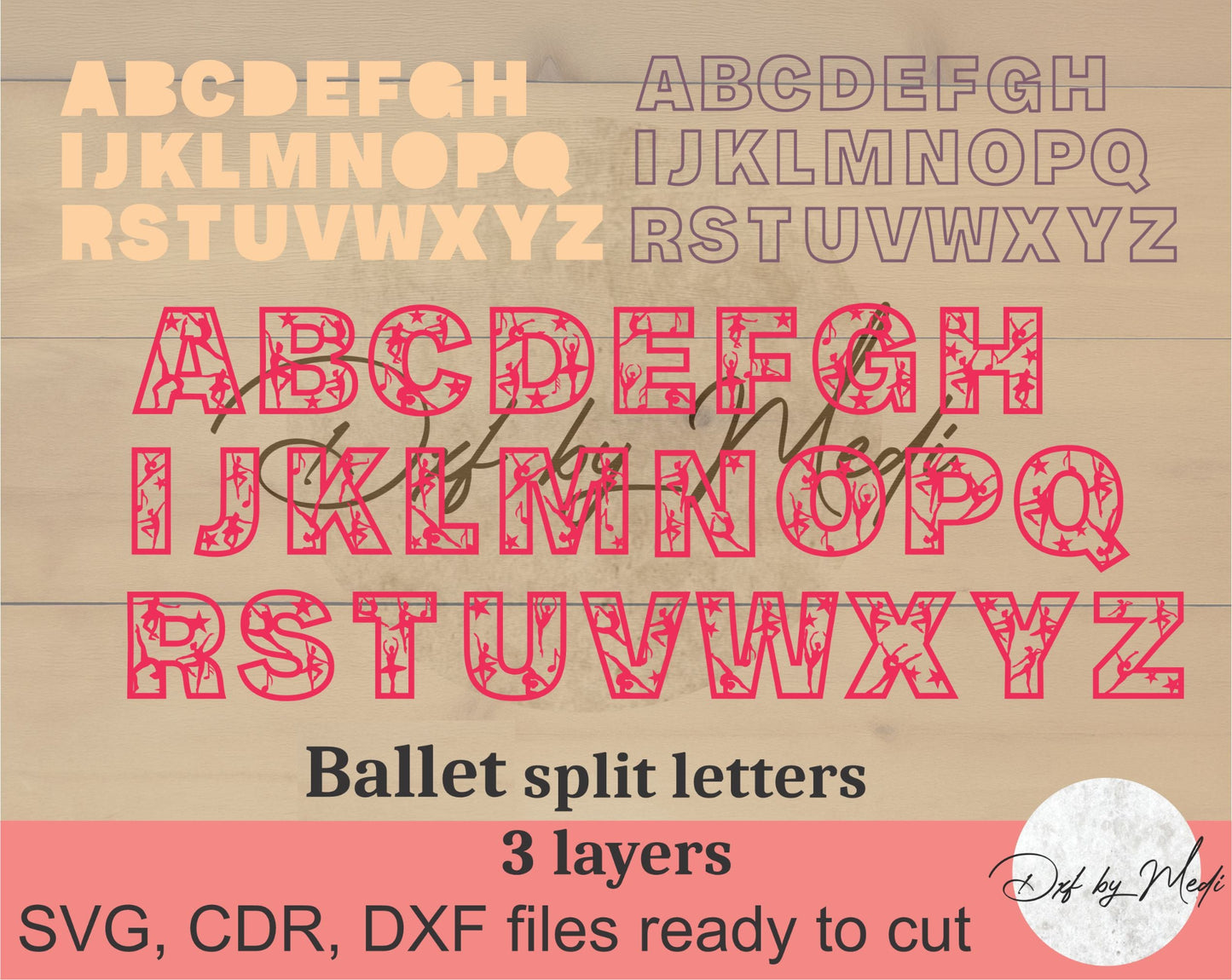 Ballet Split Monogram Letters CDR DXF SVG files | 3-Layer Alphabet Bundle