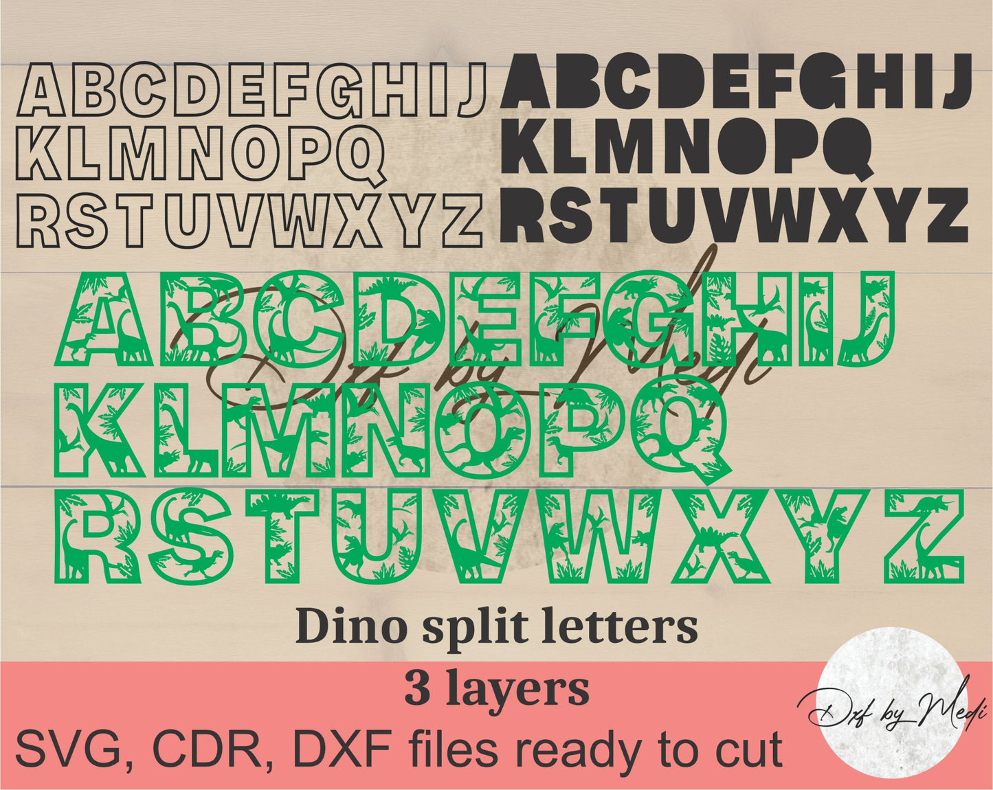 Dinosaur Split Letters DXF SVG files | 3-Layer Alphabet Bundle