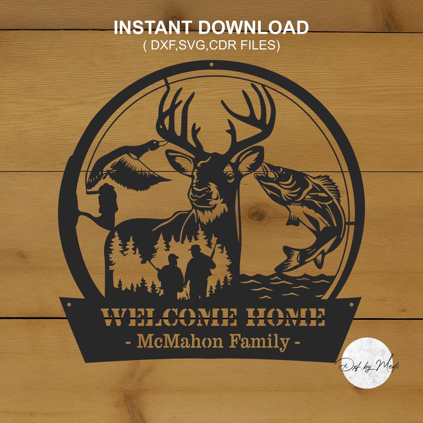 welcome home deer fishing scene - DXF SVG files for Plasma Cnc Laser Waterjet Ready to cut clipart file