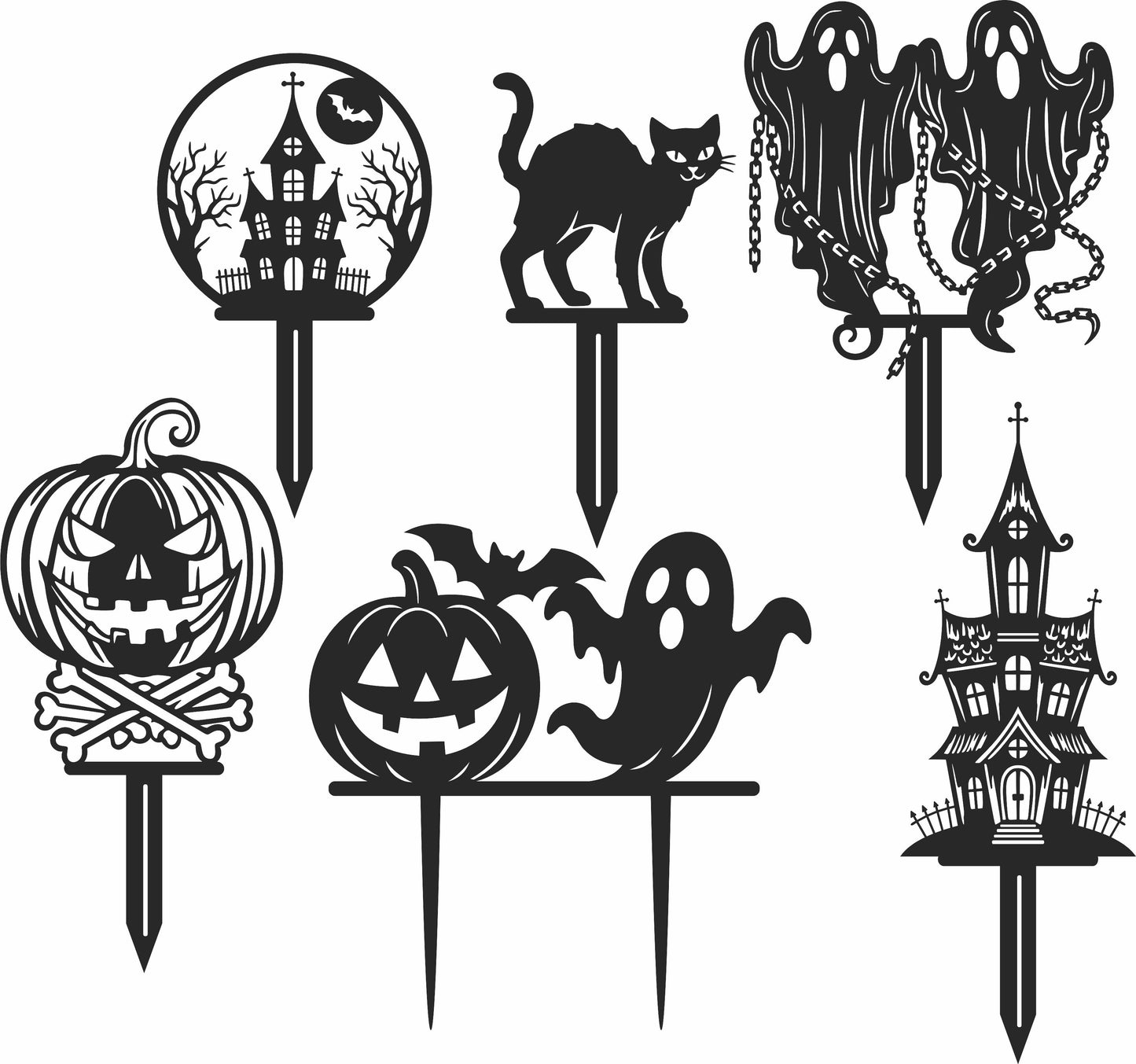 Set of Halloween-themed decorative stakes with various designs on a white background.