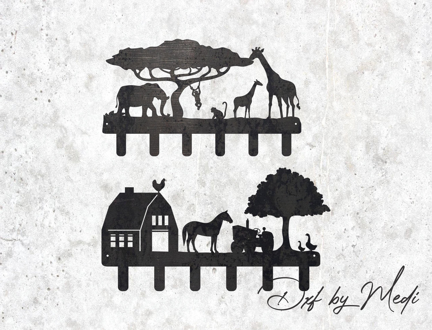 Set of 2 Key Wall Holders | Farm & Savanna Wild Animals Designs | DXF SVG Files for CNC Laser Cutting | Instant Download