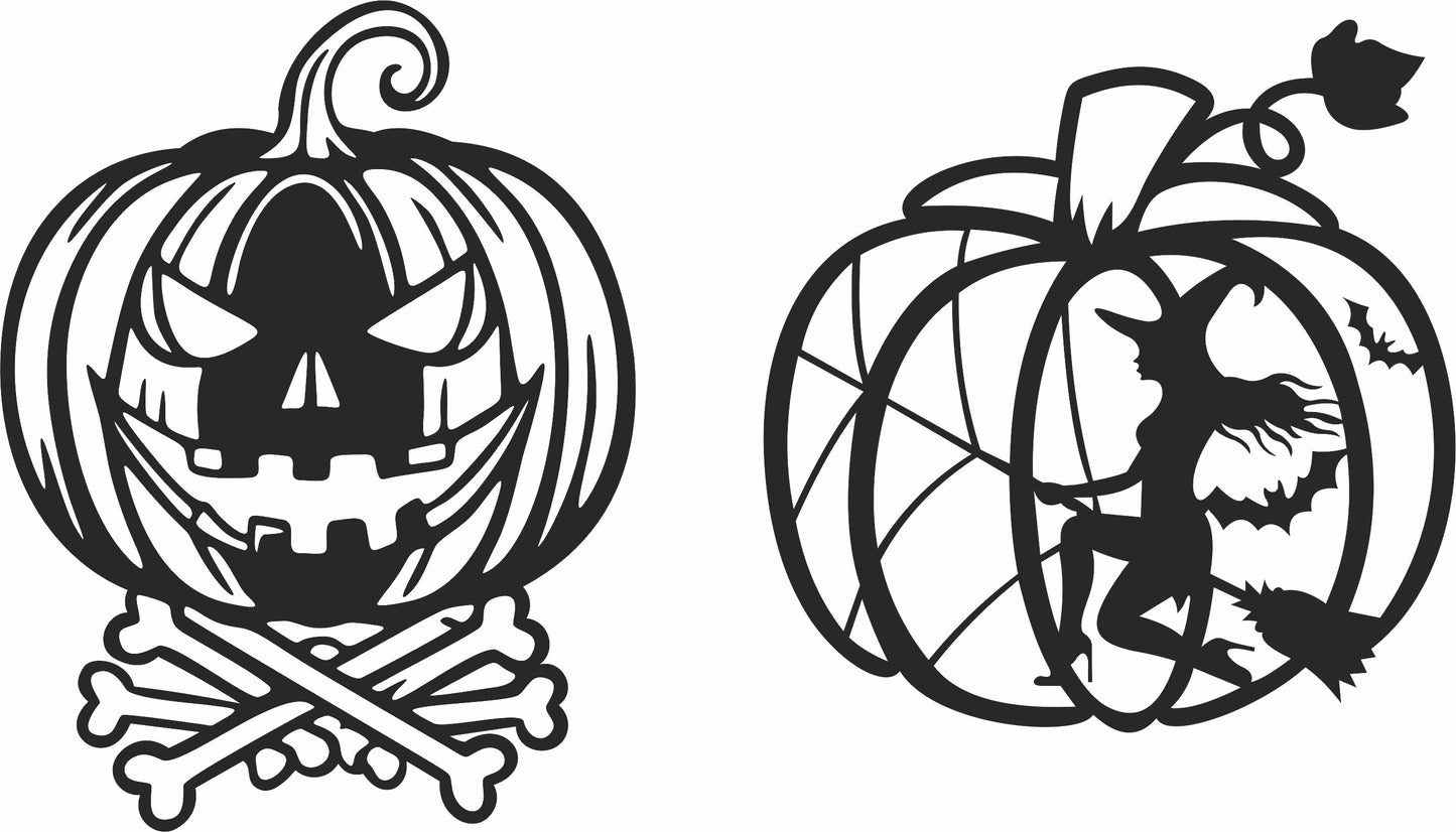 Two Halloween-themed pumpkins with skull and crossbones design on a white background
