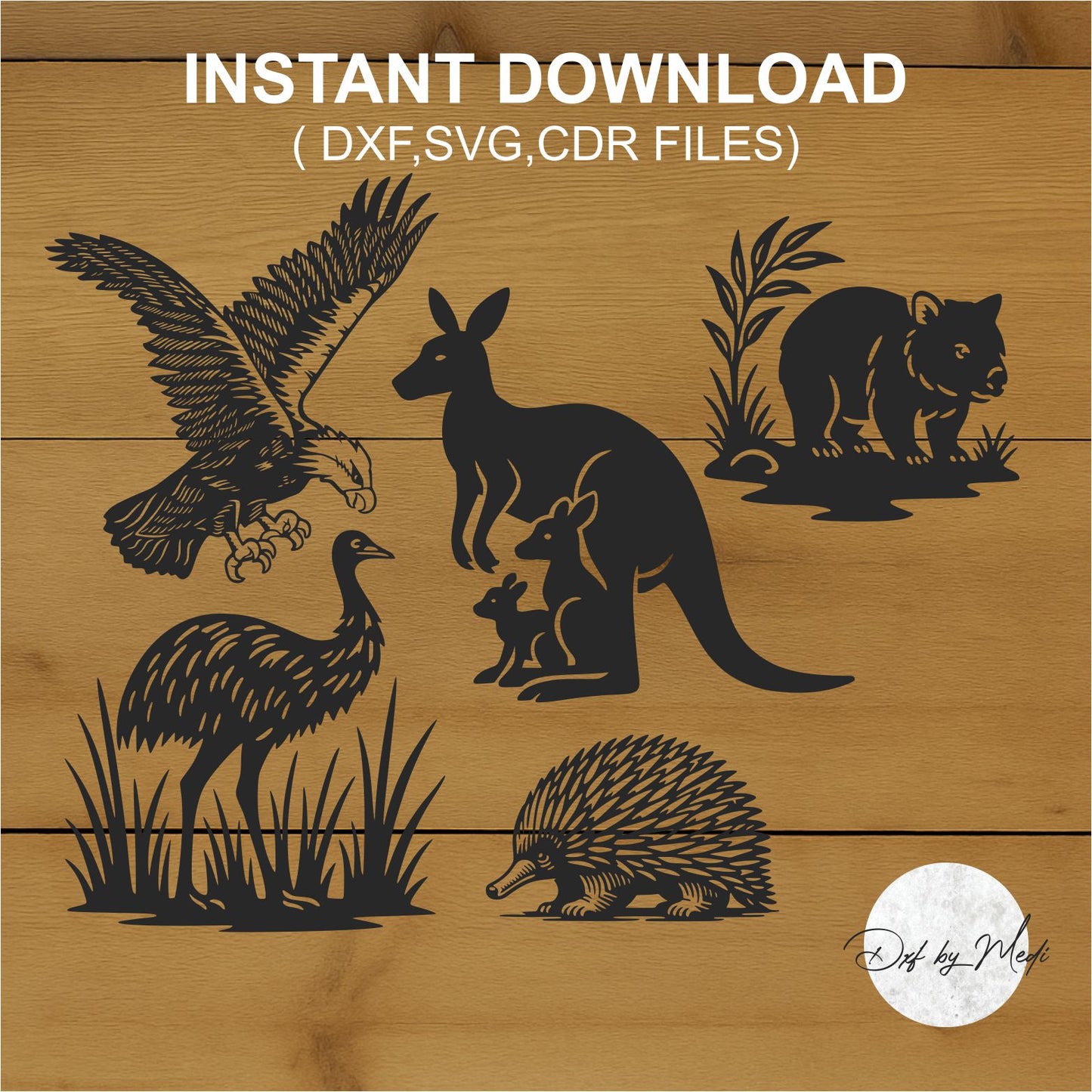 Australian Wildlife Silhouette Bundle – Kangaroo Eagle Emu Echidna SVG DXF CDR Files
