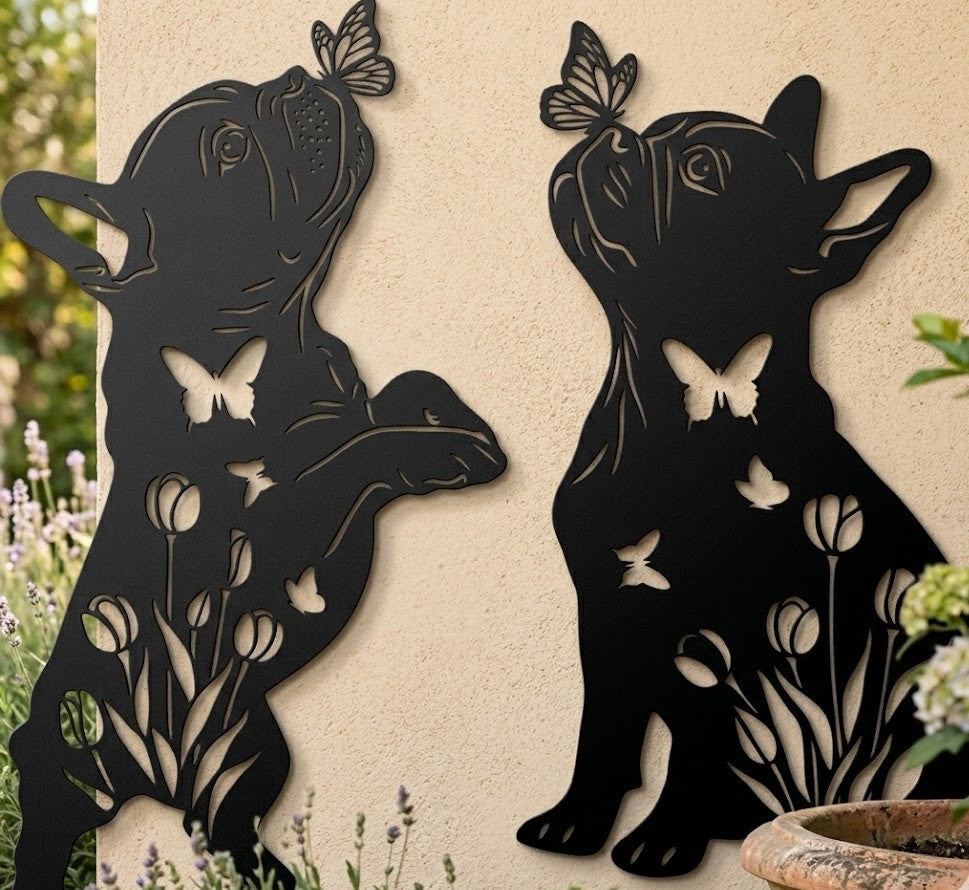 Black metal dog silhouettes with butterfly and flower 