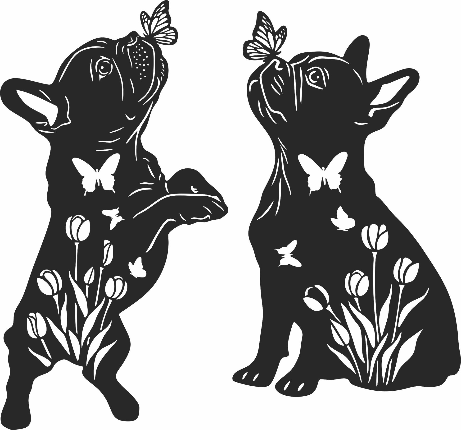 Black silhouettes of two dogs with butterflies and flowers 
