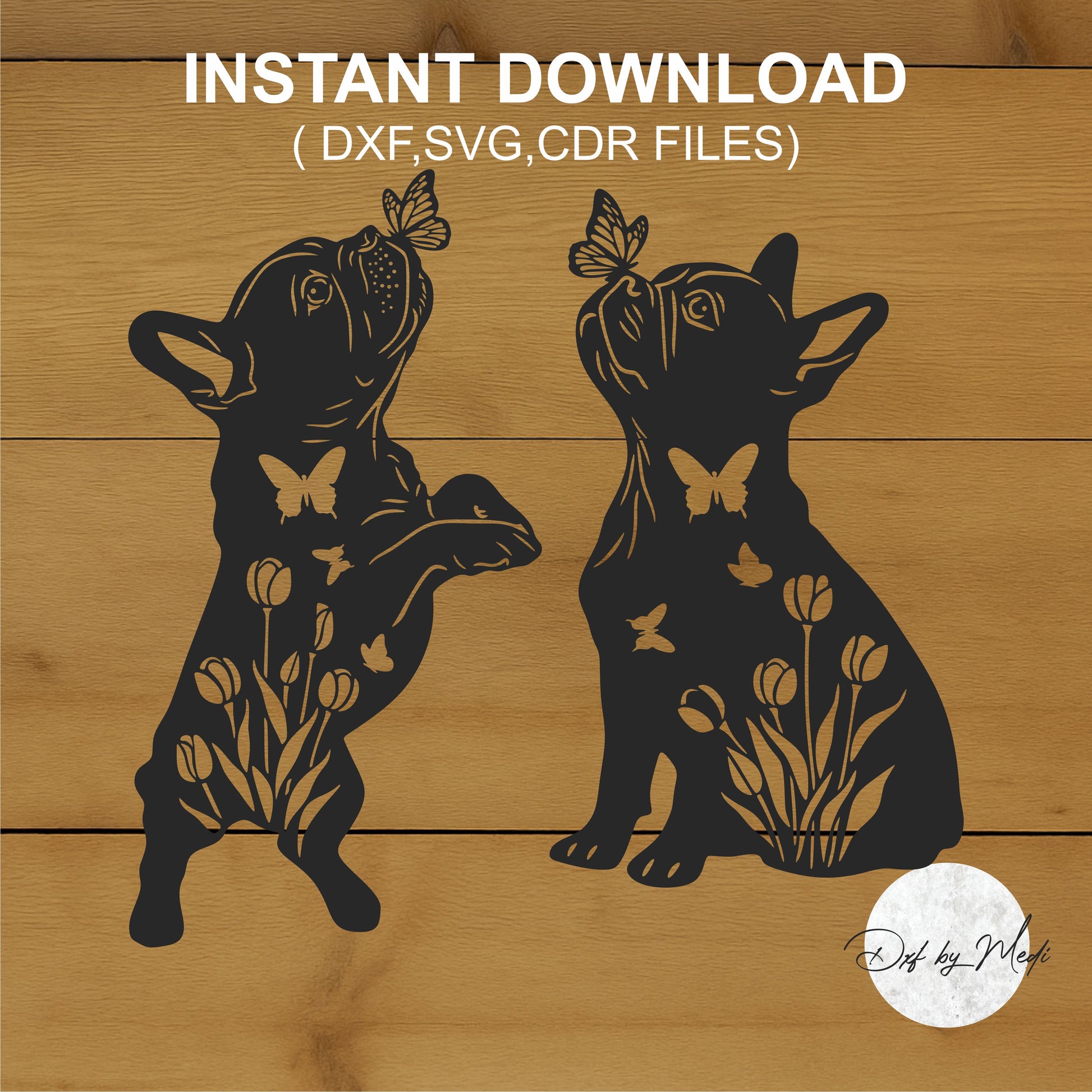Silhouette of two dogs with flowers and butterflies 