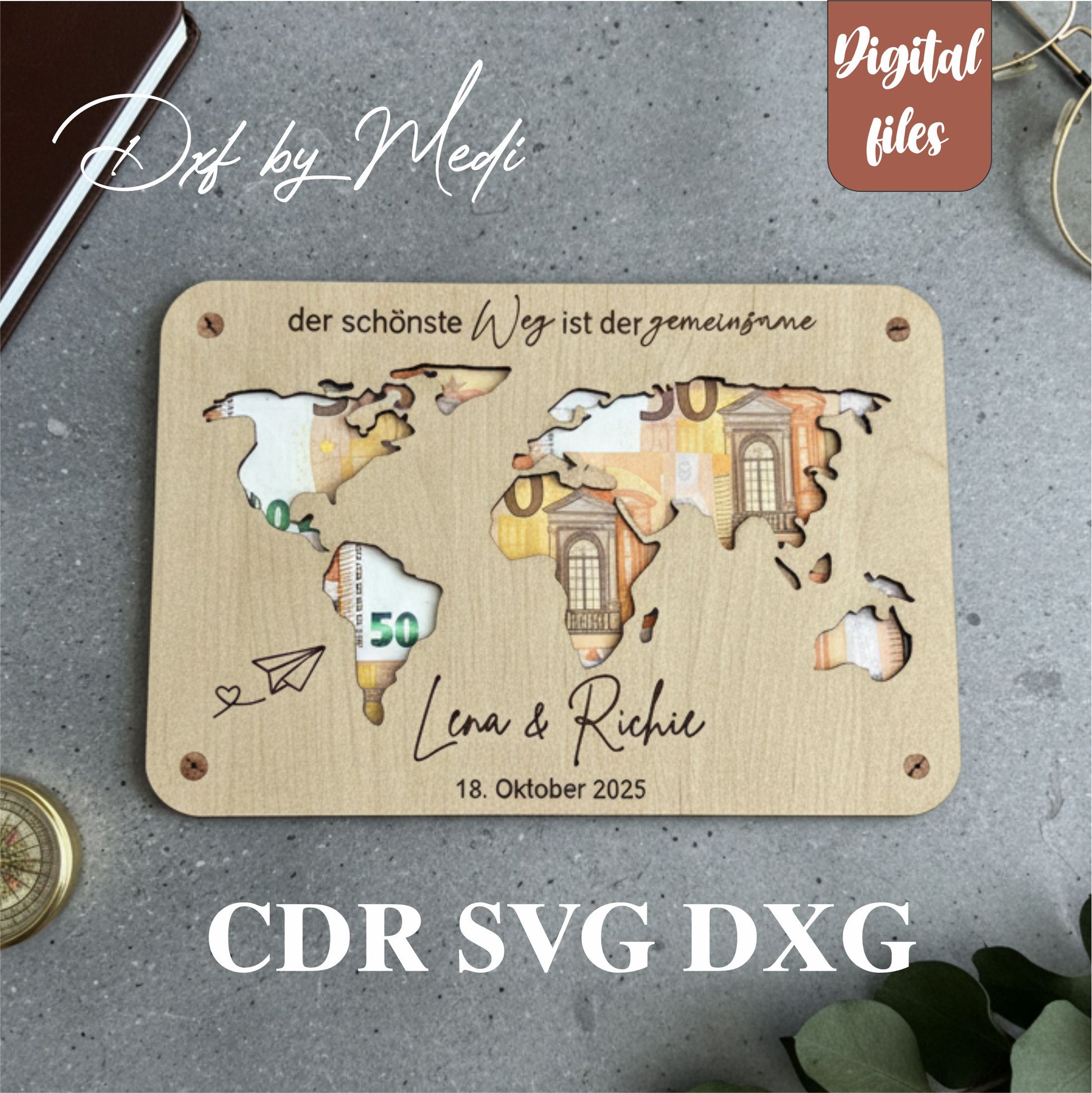 Personalized World Map Money Holder – Digital files SVG, DXF, CDR
