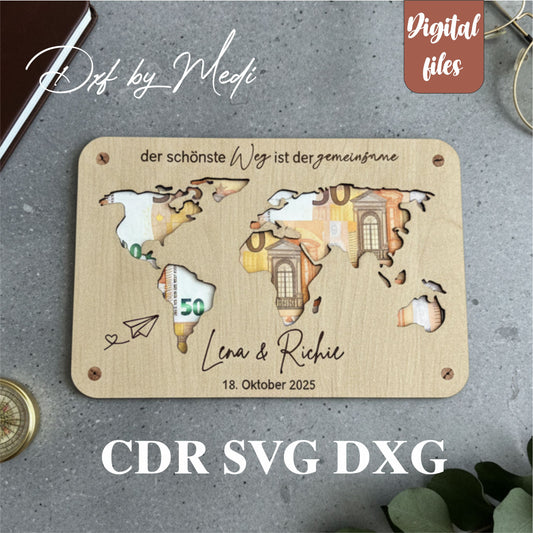Personalized World Map Money Holder – Digital files SVG, DXF, CDR
