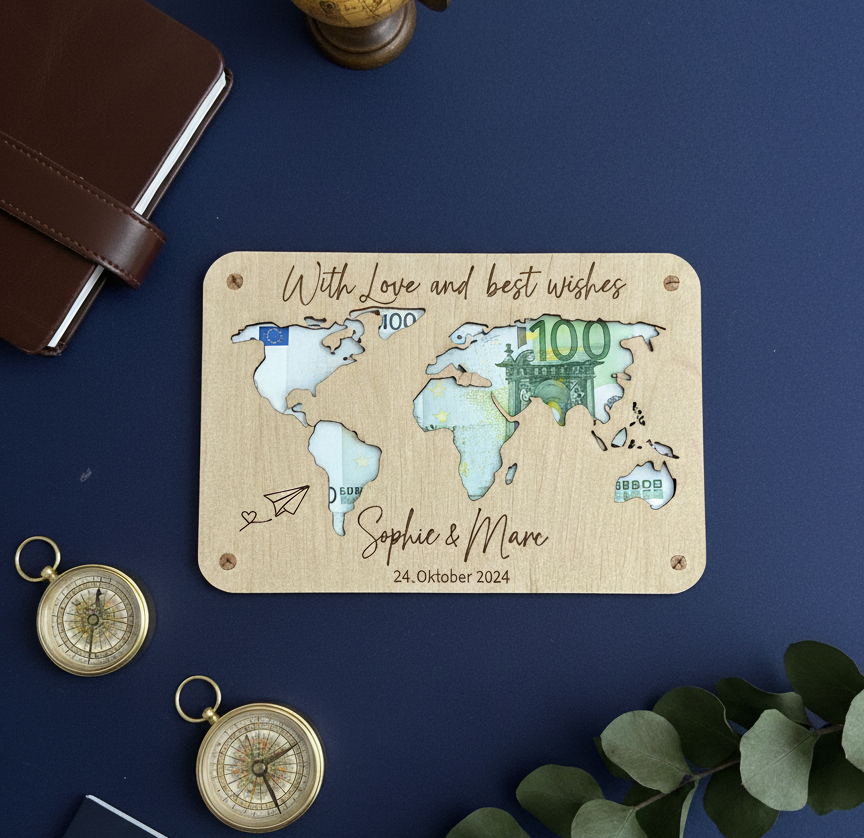 Personalized World Map Money Holder – Digital files SVG, DXF, CDR
