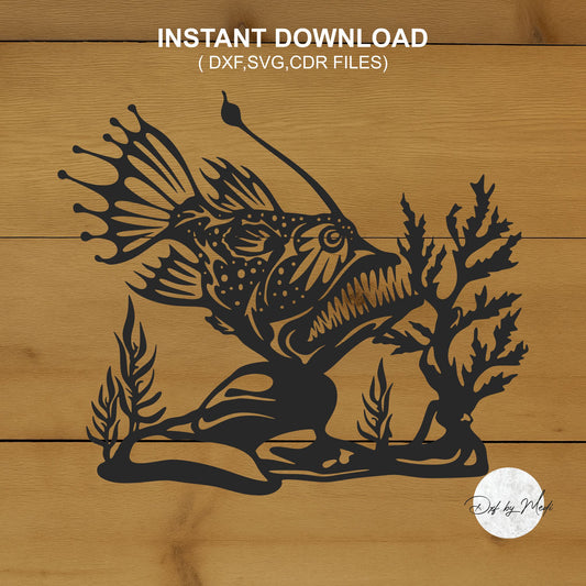 Angler Fish Underwater Scene DXF File for Cnc, Plasma, Laser, or Waterjet Cutting - Ready to cut clipart