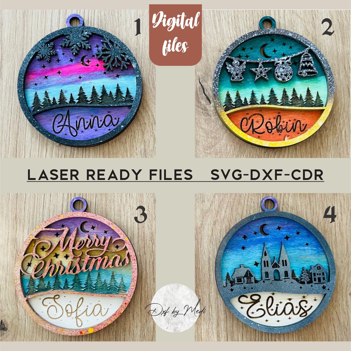 Personalized Christmas Ornament Bundle of 4 SVG DXF CDR Files