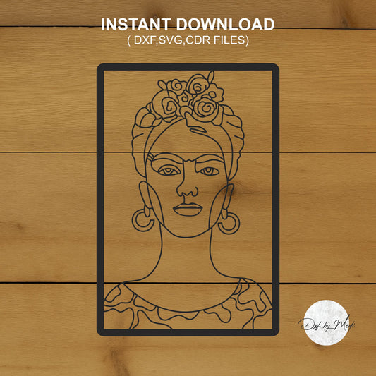 frida kahlo self portrait- one line drawing wall art- Dxf files for Cnc plasma- Svg laser cut files