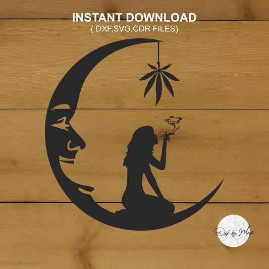 Girl smoking on the moon arts - DXF SVG files for Plasma Cnc Laser Waterjet Ready to cut clipart file