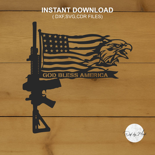 God Bless America Eagle Rifle Sign - SVG DXF File for Laser Cutting