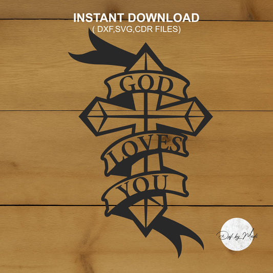 Cross Sign with "God Loves You" Text - Laser Cut Wall Art - dxf svg for Plasma Cnc Laser Waterjet Ready to cut clipart file