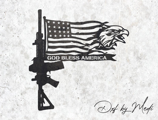 God Bless America Eagle Rifle Sign - SVG DXF File for Laser Cutting