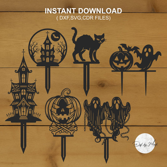 Halloween Yard Stake SVG Bundle – Ghost, Pumpkin, Cat & Haunted House