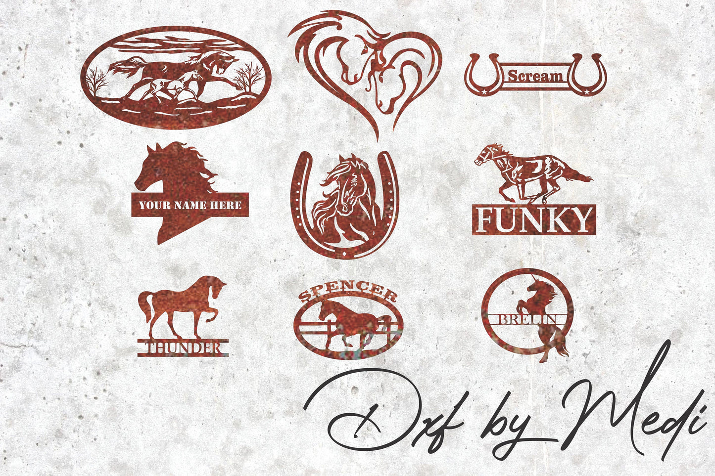 Horse Sign DXF SVG Files - Set of 9 Customizable monogram Designs for CNC laser Cutting plasma waterjet