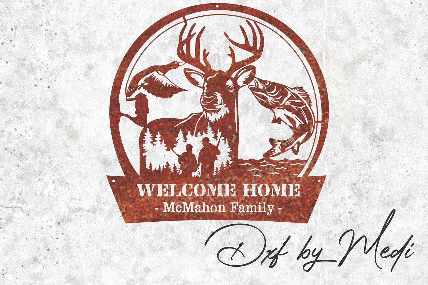 welcome home deer fishing scene - DXF SVG files for Plasma Cnc Laser Waterjet Ready to cut clipart file