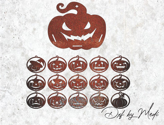 Set of Jack O Lanterns Ornament in svg, Halloween Door Hanger svg, Spooky ornament decor, Laser Cut Files svg, Halloween dxf,  cnc plasma