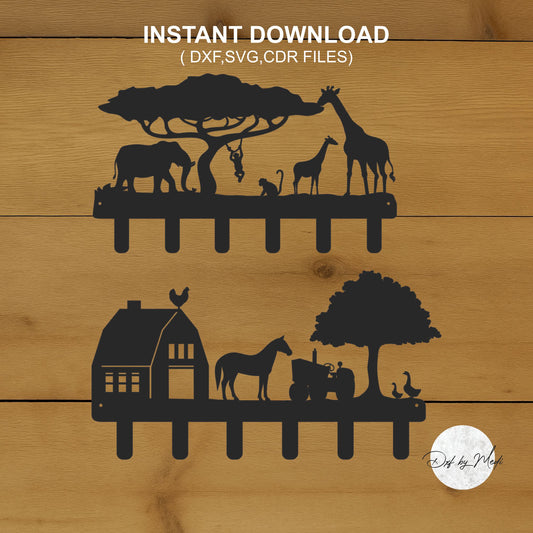 Set of 2 Key Wall Holders | Farm & Savanna Wild Animals Designs | DXF SVG Files for CNC Laser Cutting |  Instant Download