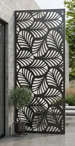 Decorative metal screen with leaf pattern in an outdoor 