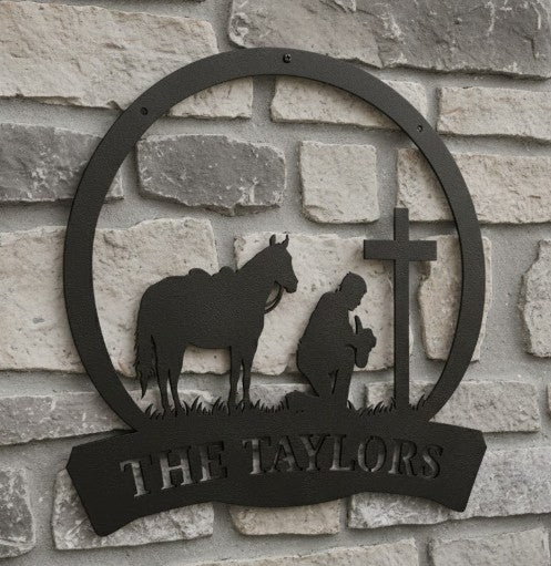 Personalized Horse & Cross Metal Ranch Sign
