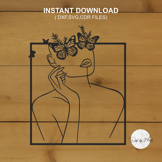 one line drawing wall art- women art with butterfly glasses decor- dxf files for cnc plasma- laser cut files svg one line design