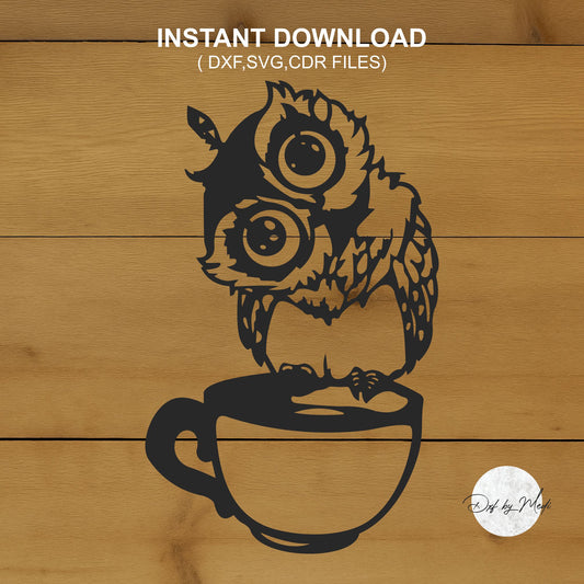 Owl on Coffee Cup DXF svg Files - Instant Download for Laser, Plasma, Waterjet Cutting
