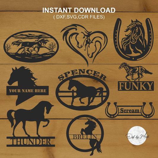 Horse Sign DXF SVG Files - Set of 9 Customizable monogram Designs for CNC laser Cutting plasma waterjet