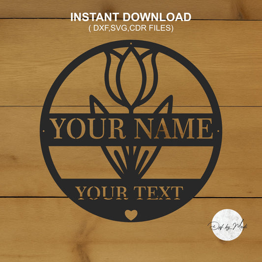 tulip flower Monogram sign with custom name- dxf files for cnc plasma- monogram wall art - laser cut files