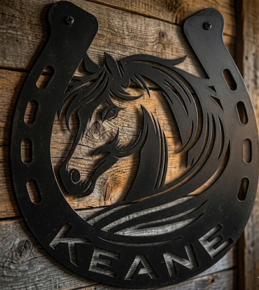 Decorative metal horseshoe with horse design